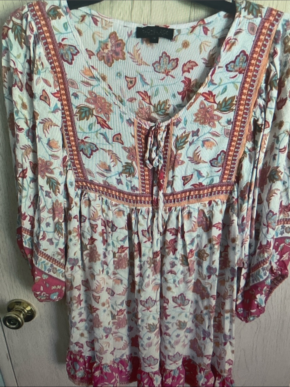 Rachel Zoe Cream Floral Tie-Front Boho Tunic with Pink Accents